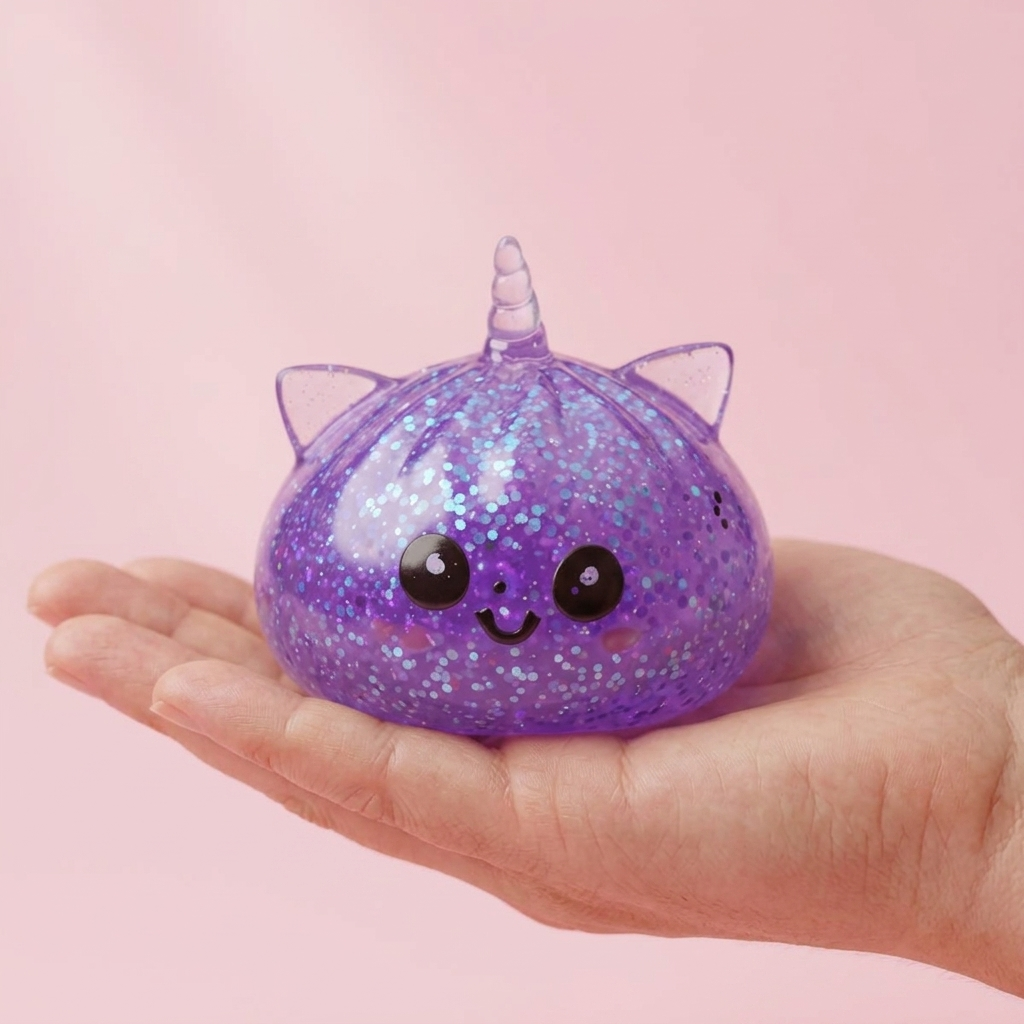 Enhörning Dumpling Squishy Glitter Lila i handen, verklig storlek