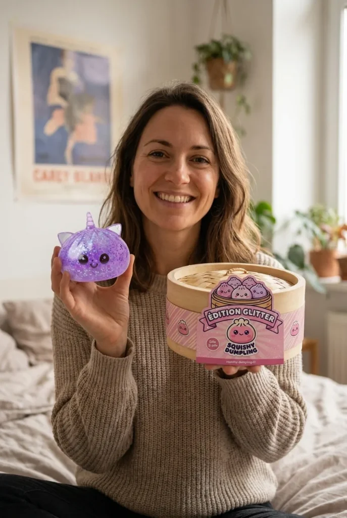 Enhörning Dumpling Squishy Glitter Lila med sin ask