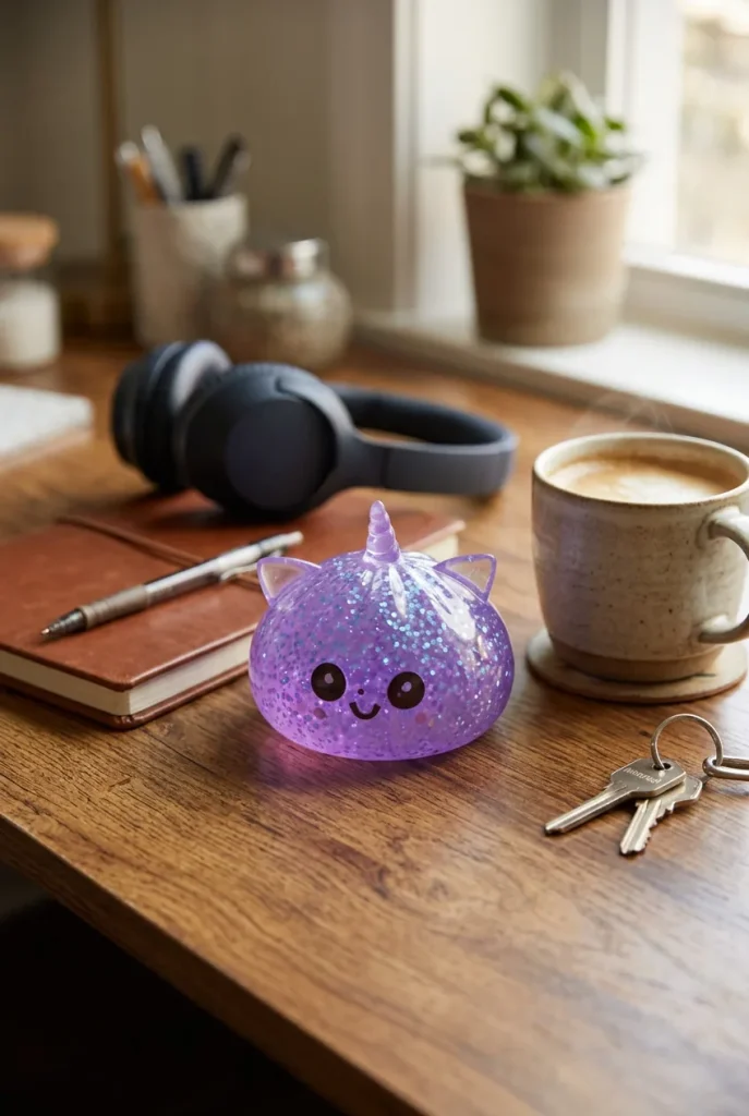 Enhörning Dumpling Squishy Glitter Lila på skrivbordet