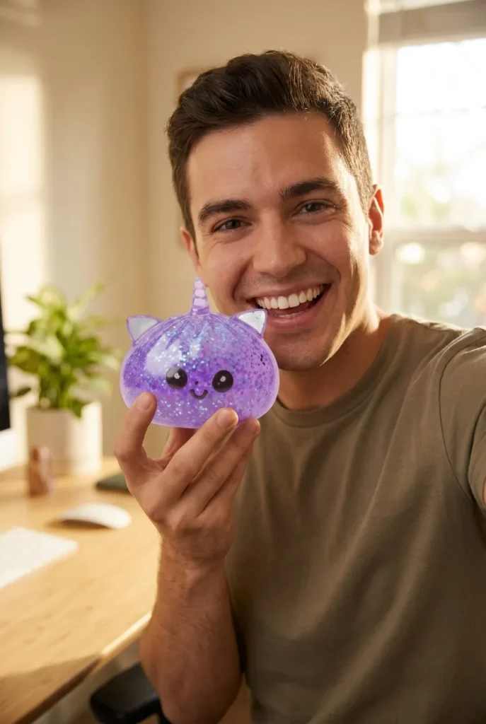 Enhörning Dumpling Squishy Glitter Lila i vardagen