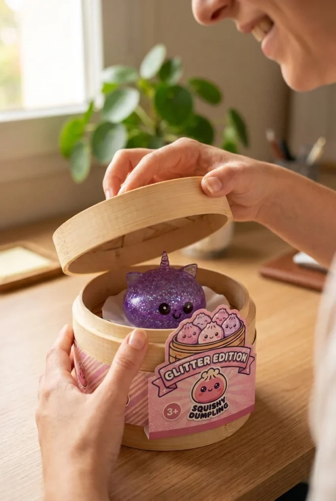 Enhörning Dumpling Squishy Glitter Lila i unboxing-ögonblicket