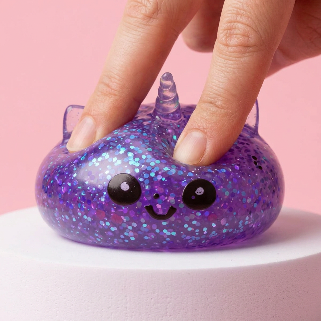 Enhörning Dumpling Squishy Glitter Lila — slow-rise-effekt, skummet återtar långsamt sin form