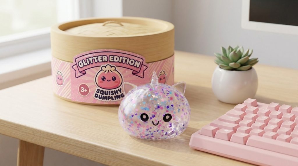 Dumpling Squishy Unicorn Sparkle Vit i sin kawaii-miljö