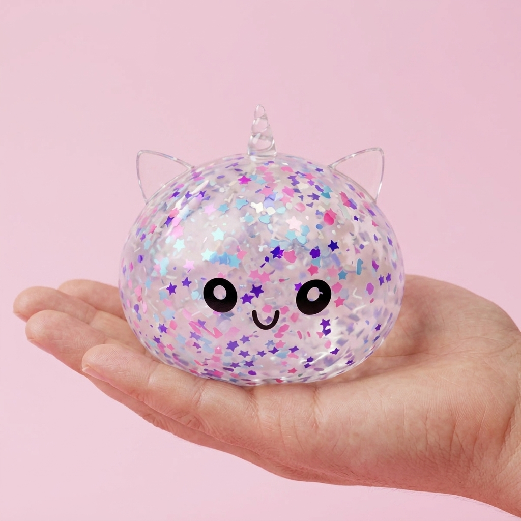 Dumpling Squishy Unicorn Sparkle Vit i handen, verklig storlek