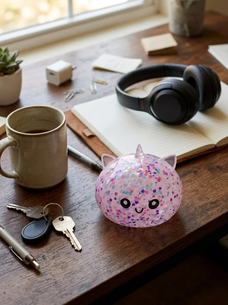 Dumpling Squishy Unicorn Sparkle Vit på skrivbordet