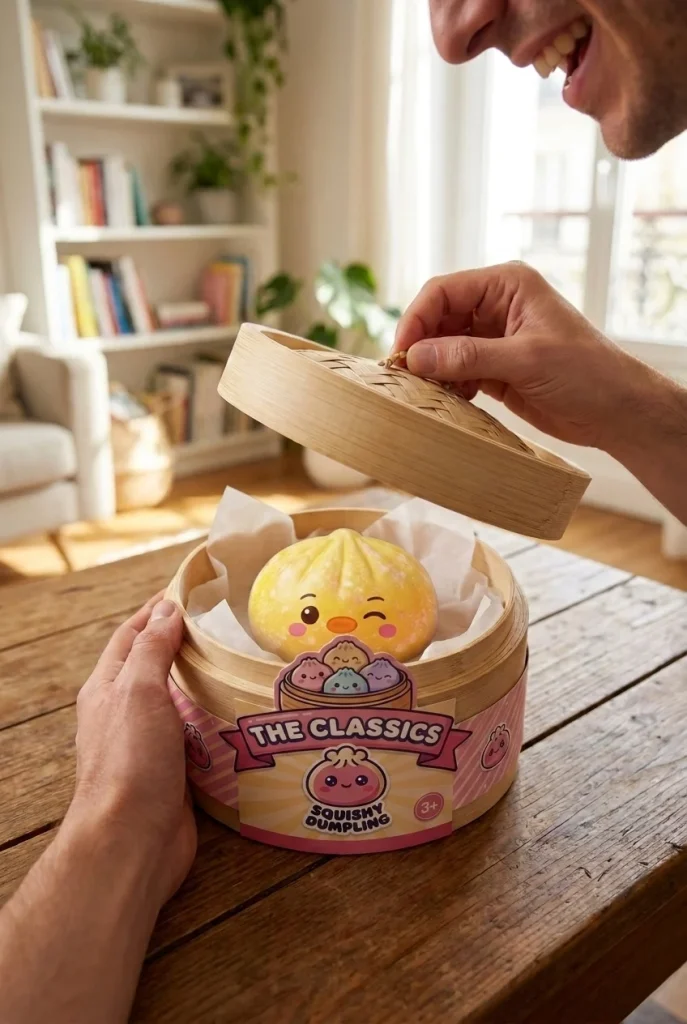 Squishy Dumpling Pingvin Smörgul i unboxing-ögonblicket