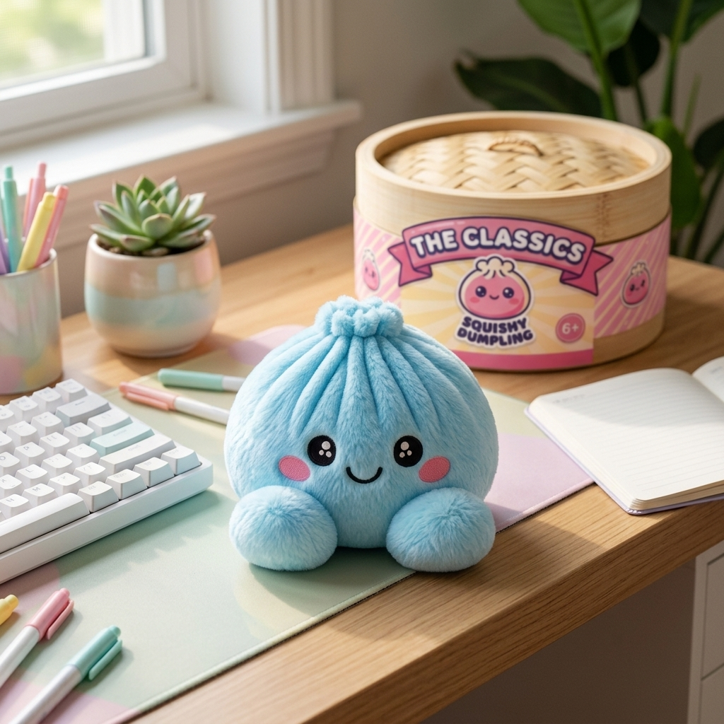 Dumpling Squishy Himmelsblå Plysch i sin kawaii-miljö