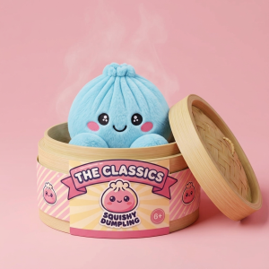 Dumpling Squishy Himmelsblå Plysch i sin bambu-ångkorg