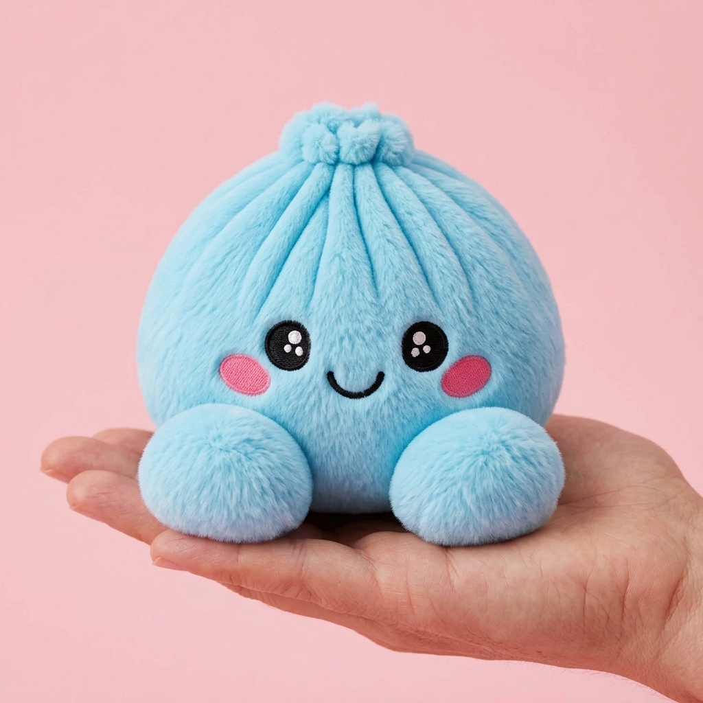 Dumpling Squishy Himmelsblå Plysch i handen, verklig storlek