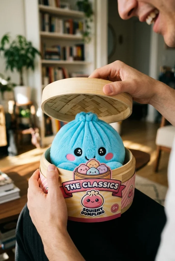 Dumpling Squishy Himmelsblå Plysch i unboxing-ögonblicket