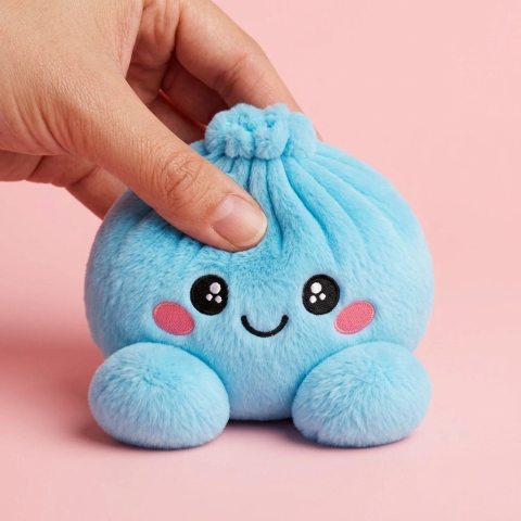 Dumpling Squishy Himmelsblå Plysch — i klämmet, mjukt slow-rise-skum