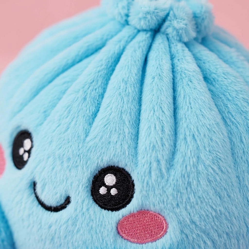 Dumpling Squishy Himmelsblå Plysch — närbild på strukturen
