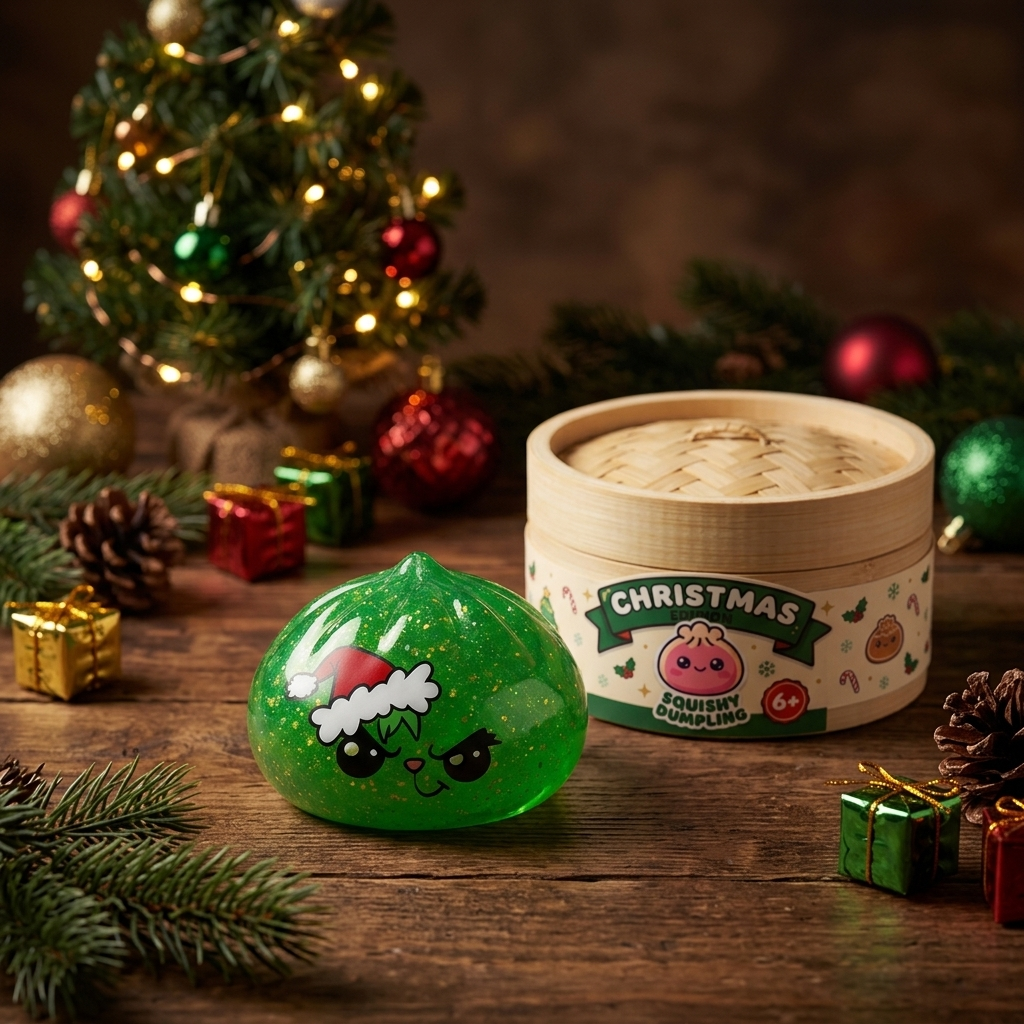 Squishy Dumpling Julgrinch Grön Glitter i sin kawaii-miljö
