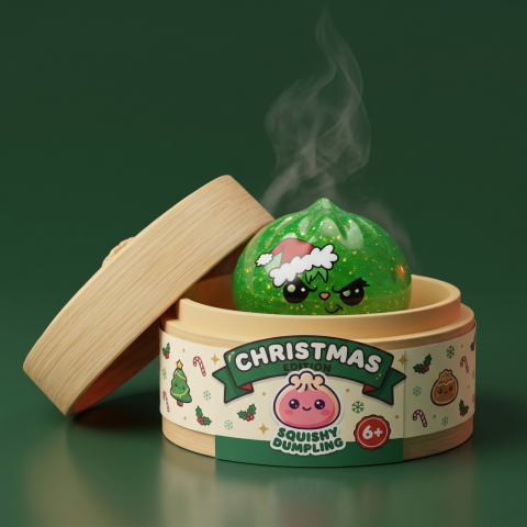 Squishy Dumpling Julgrinch Grön Glitter i sin bambu-ångkorg