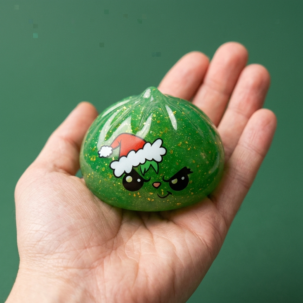 Squishy Dumpling Julgrinch Grön Glitter i handen, verklig storlek