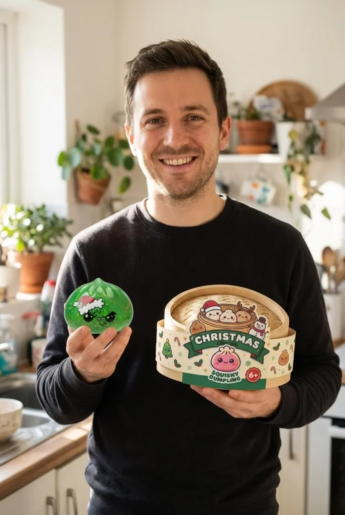 Squishy Dumpling Julgrinch Grön Glitter med sin ask