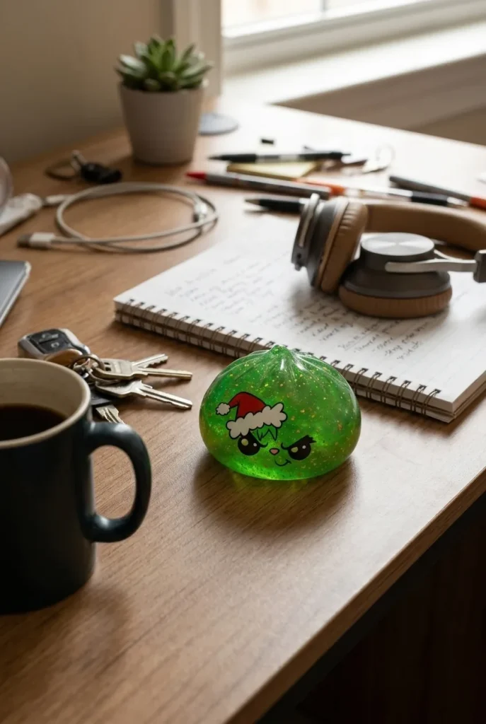 Squishy Dumpling Julgrinch Grön Glitter på skrivbordet