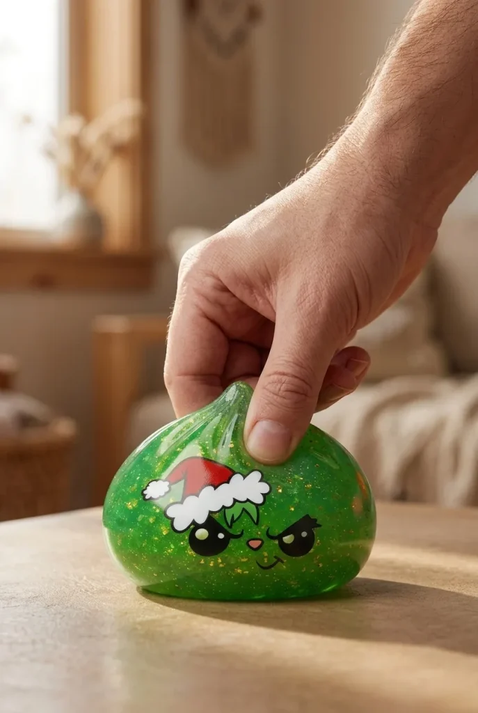 Squishy Dumpling Julgrinch Grön Glitter mitt i klämmet