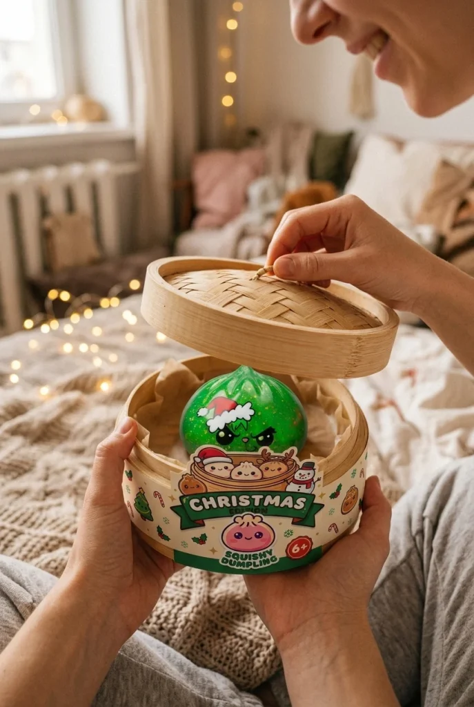Squishy Dumpling Julgrinch Grön Glitter i unboxing-ögonblicket