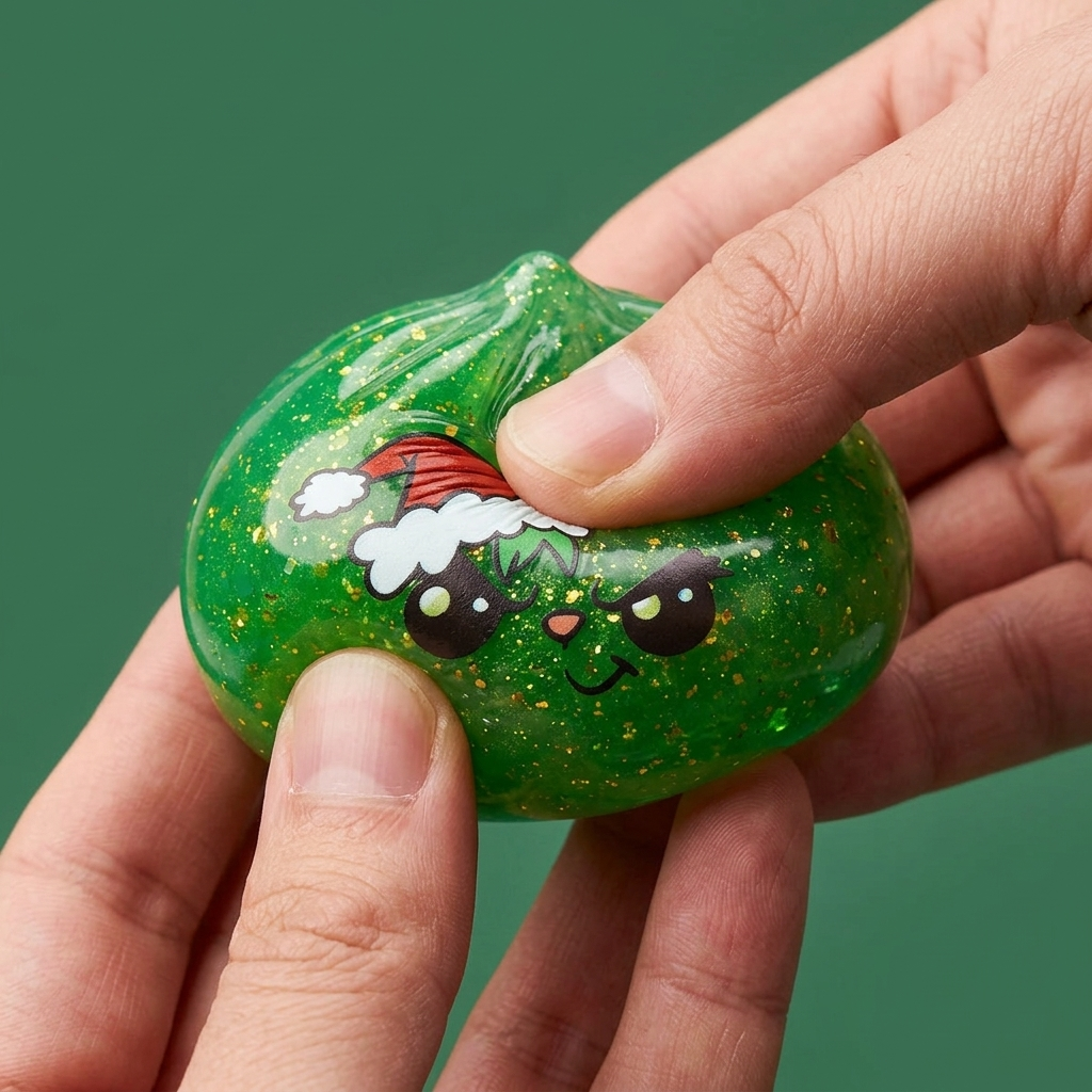 Squishy Dumpling Julgrinch Grön Glitter — slow-rise-effekt, skummet återtar långsamt sin form