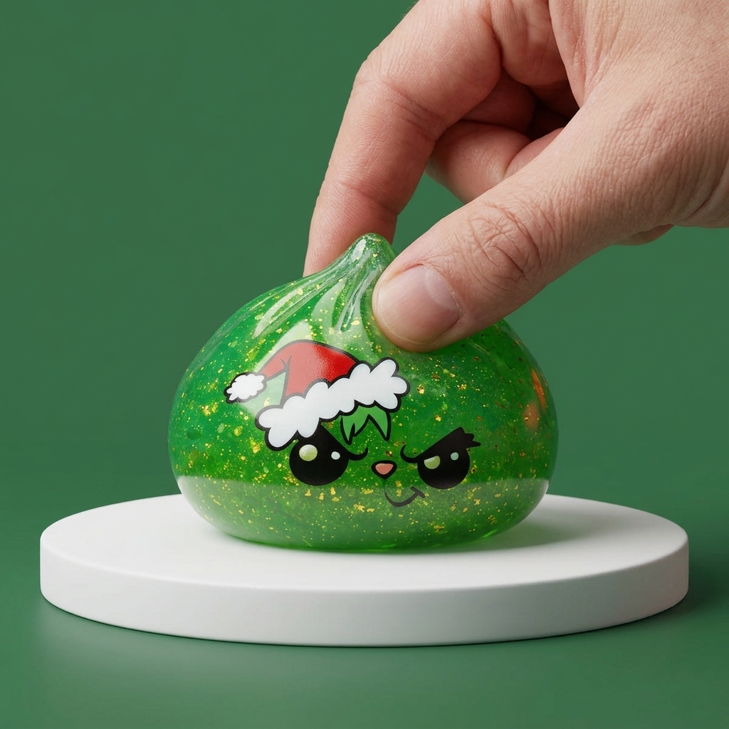 Squishy Dumpling Julgrinch Grön Glitter — i klämmet, mjukt slow-rise-skum