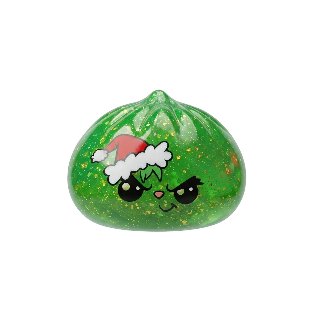 Squishy Dumpling Julgrinch Grön Glitter — i klämmet, mjukt slow-rise-skum