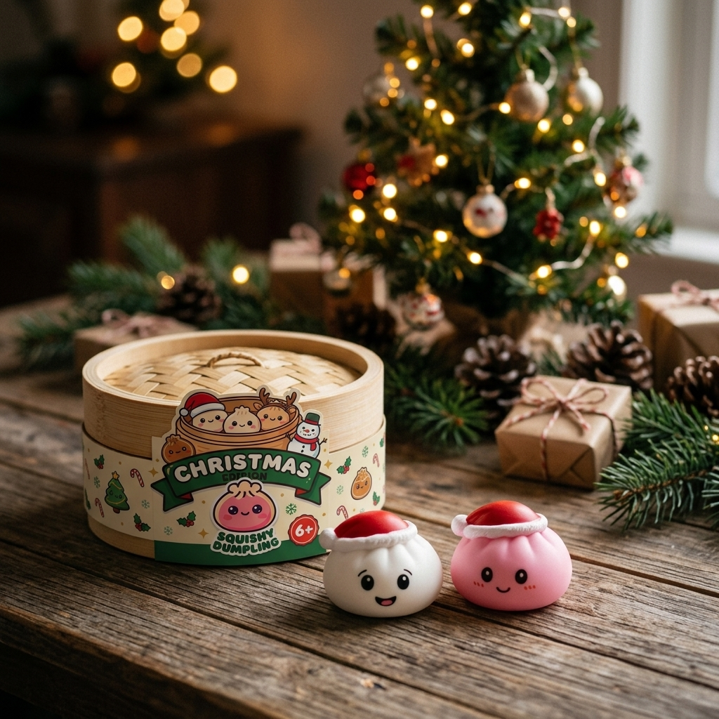 Dumpling Squishy Jultomtemössa Set om 4 i sin kawaii-miljö