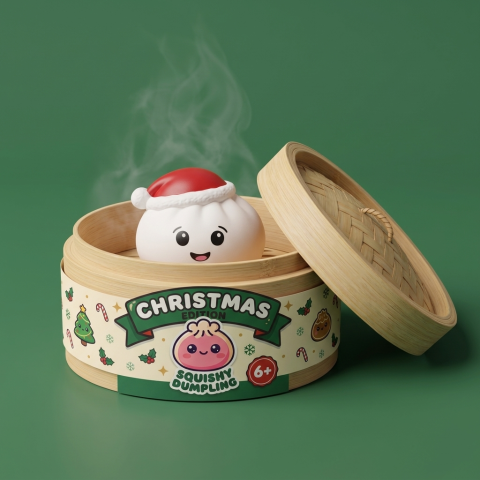 Dumpling Squishy Jultomtemössa Set om 4 i sin bambu-ångkorg