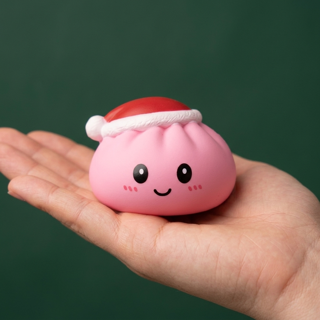 Dumpling Squishy Jultomtemössa Set om 4 i handen, verklig storlek