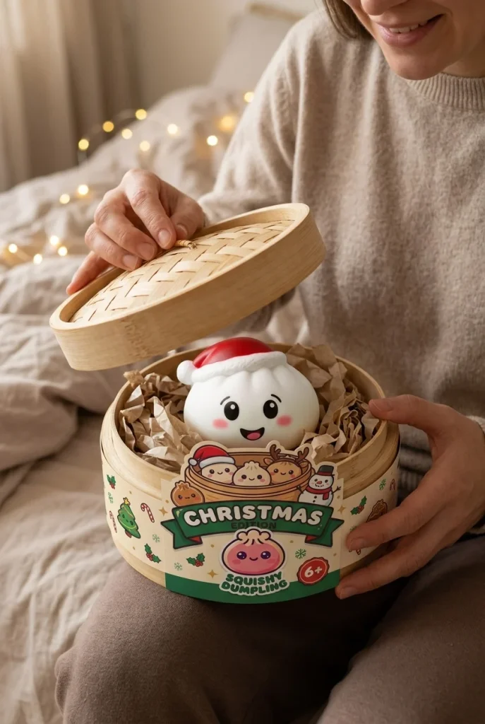 Dumpling Squishy Jultomtemössa Set om 4 i unboxing-ögonblicket