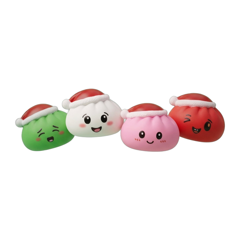 Dumpling Squishy Jultomtemössa Set om 4 — i klämmet, mjukt slow-rise-skum