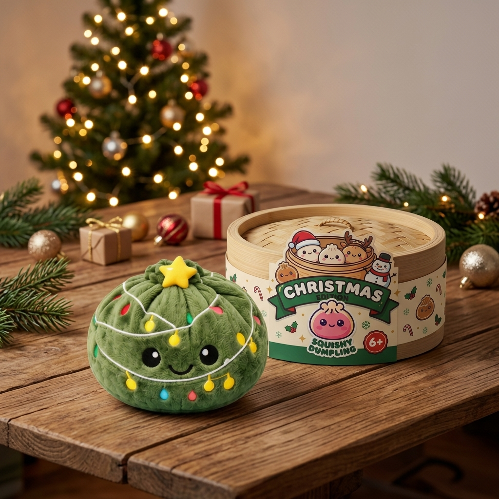 Dumpling Squishy Christmas Tree Glitter i sin kawaii-miljö