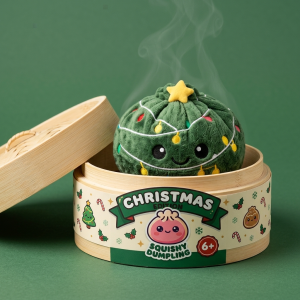 Dumpling Squishy Christmas Tree Glitter i sin bambu-ångkorg