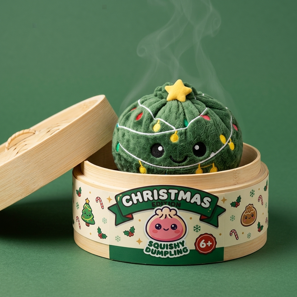 Dumpling Squishy Christmas Tree Glitter i sin bambu-ångkorg