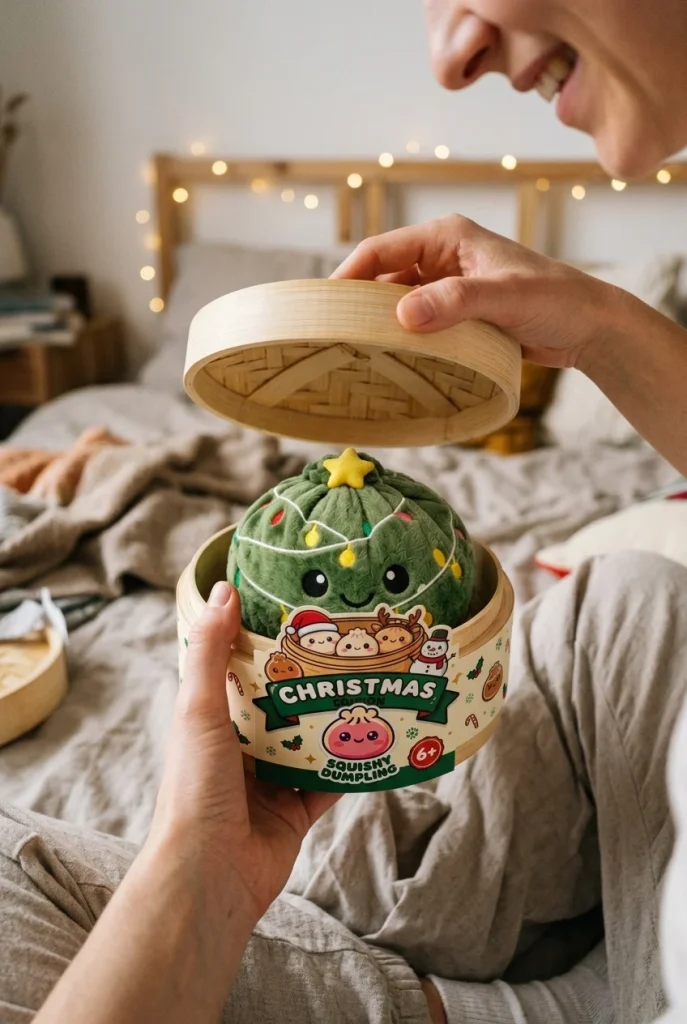 Dumpling Squishy Christmas Tree Glitter i unboxing-ögonblicket