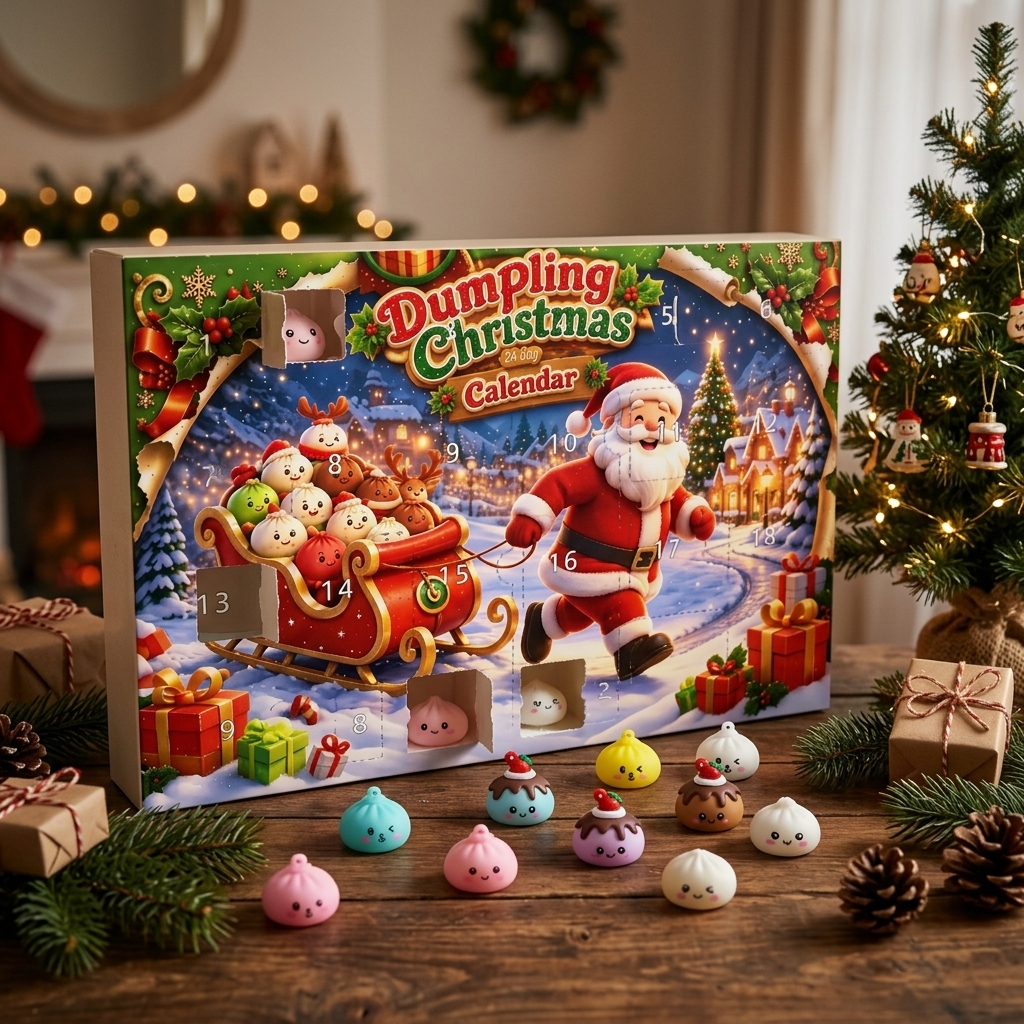 Dumpling Squishy Adventskalender Jultomtens Slade 24 Delar i sin kawaii-miljö