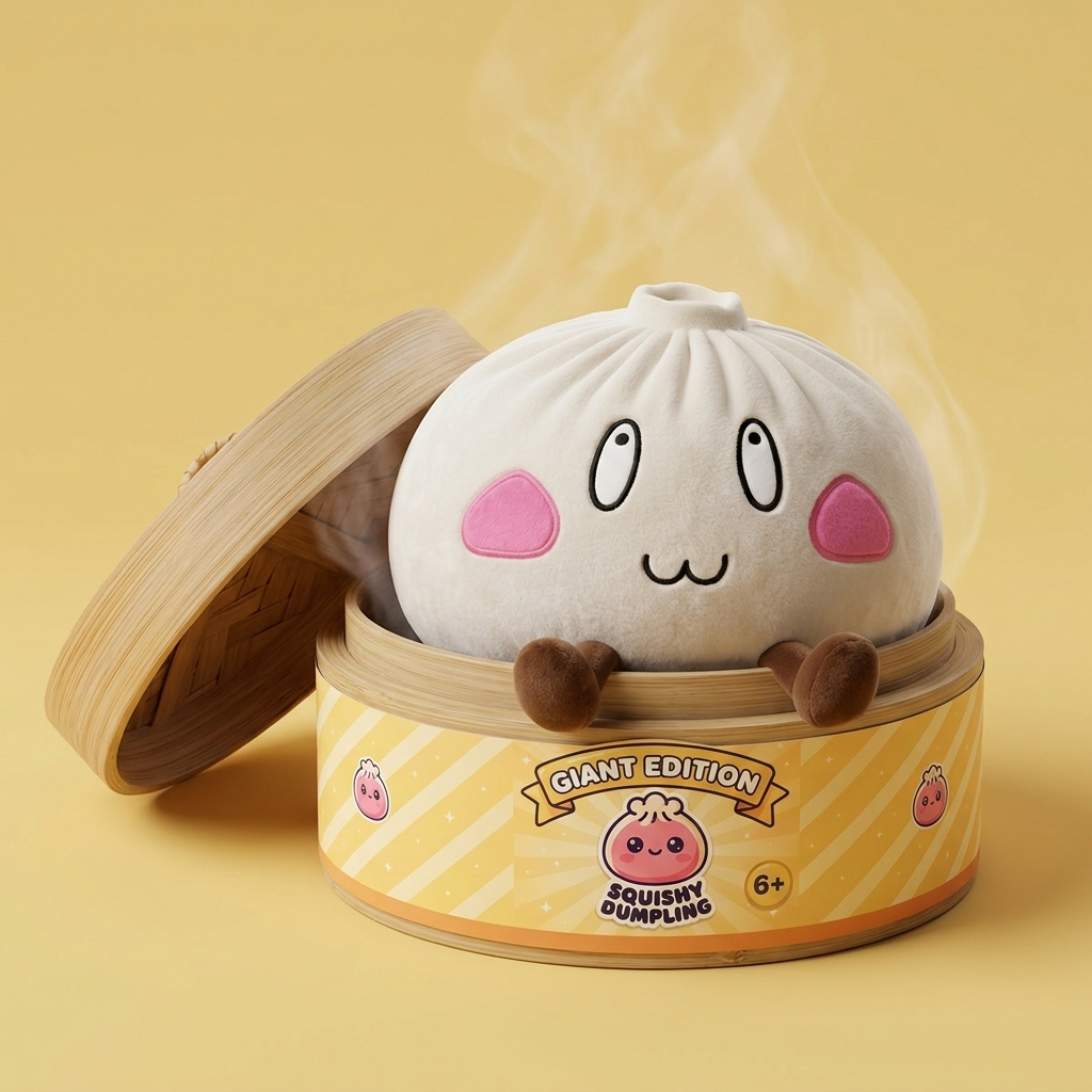 Squishy Dumpling Giant Glad Min i sin bambu-ångkorg