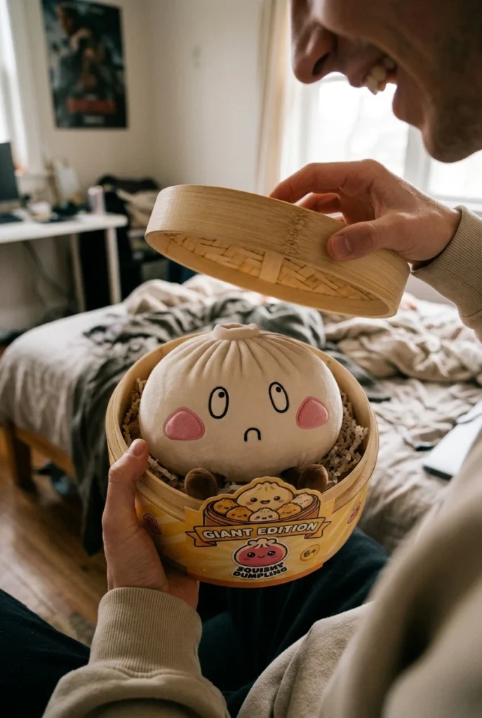 Dumpling Squishy XXL Ledsen Min i unboxing-ögonblicket