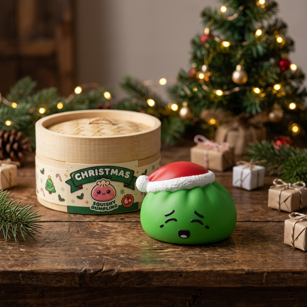 Dumpling Squishy Jultomtemössa Grön i sin kawaii-miljö