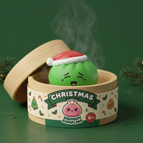 Dumpling Squishy Jultomtemössa Grön i sin bambu-ångkorg