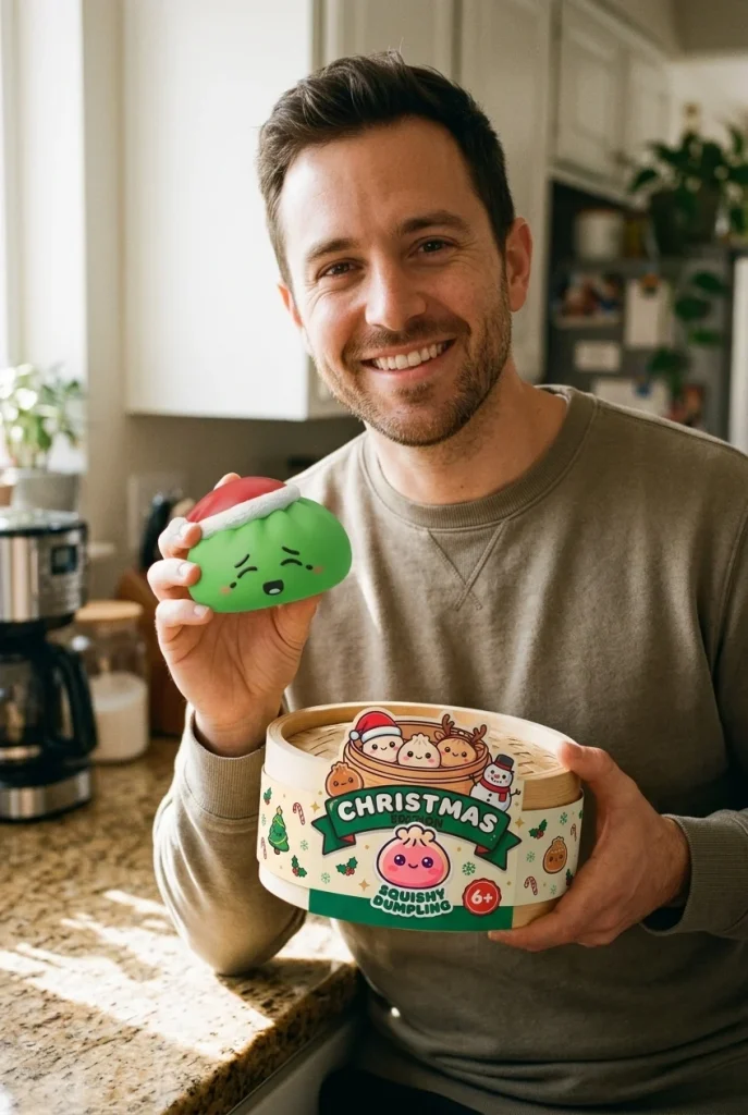 Dumpling Squishy Jultomtemössa Grön med sin ask