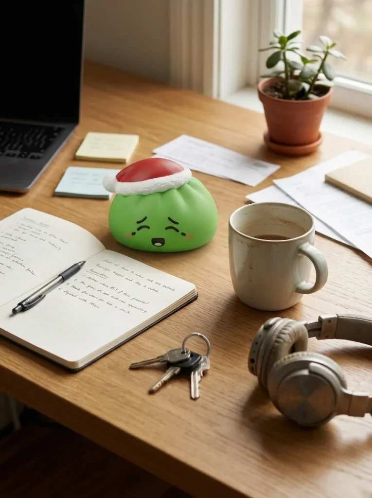 Dumpling Squishy Jultomtemössa Grön på skrivbordet