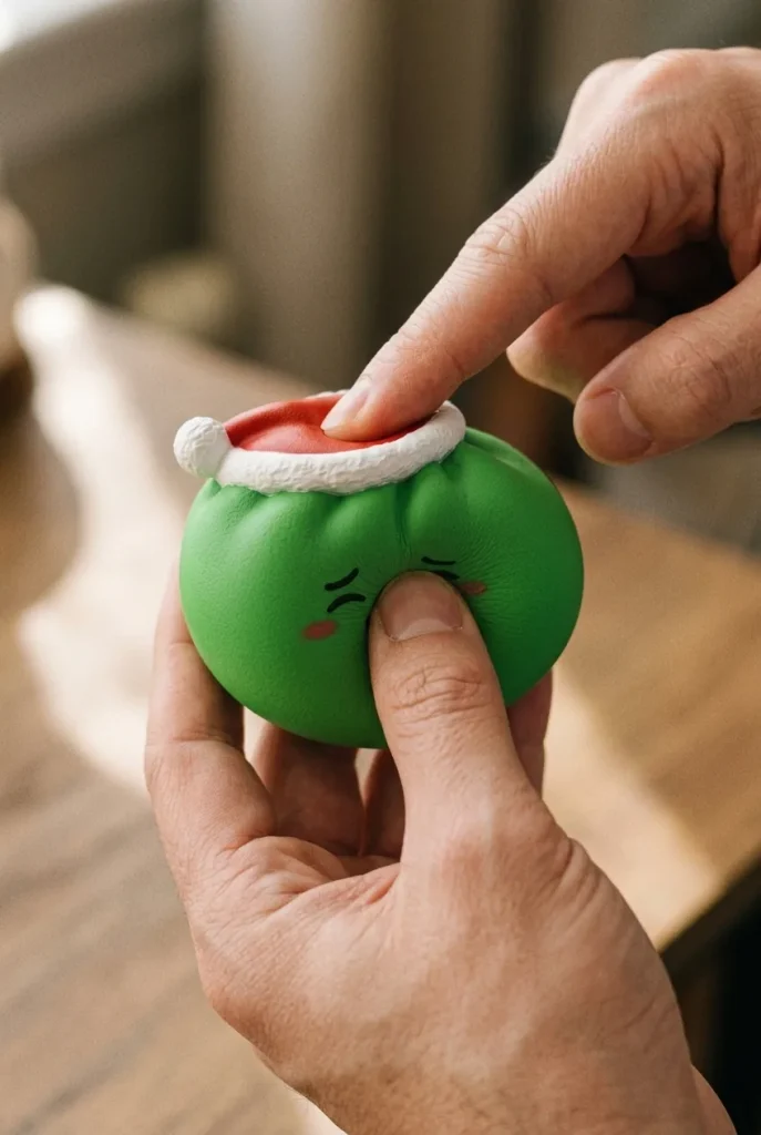 Dumpling Squishy Jultomtemössa Grön mitt i klämmet