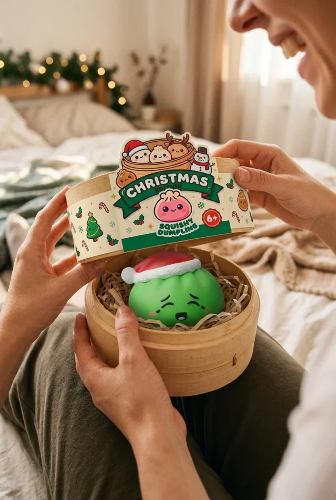 Dumpling Squishy Jultomtemössa Grön i unboxing-ögonblicket