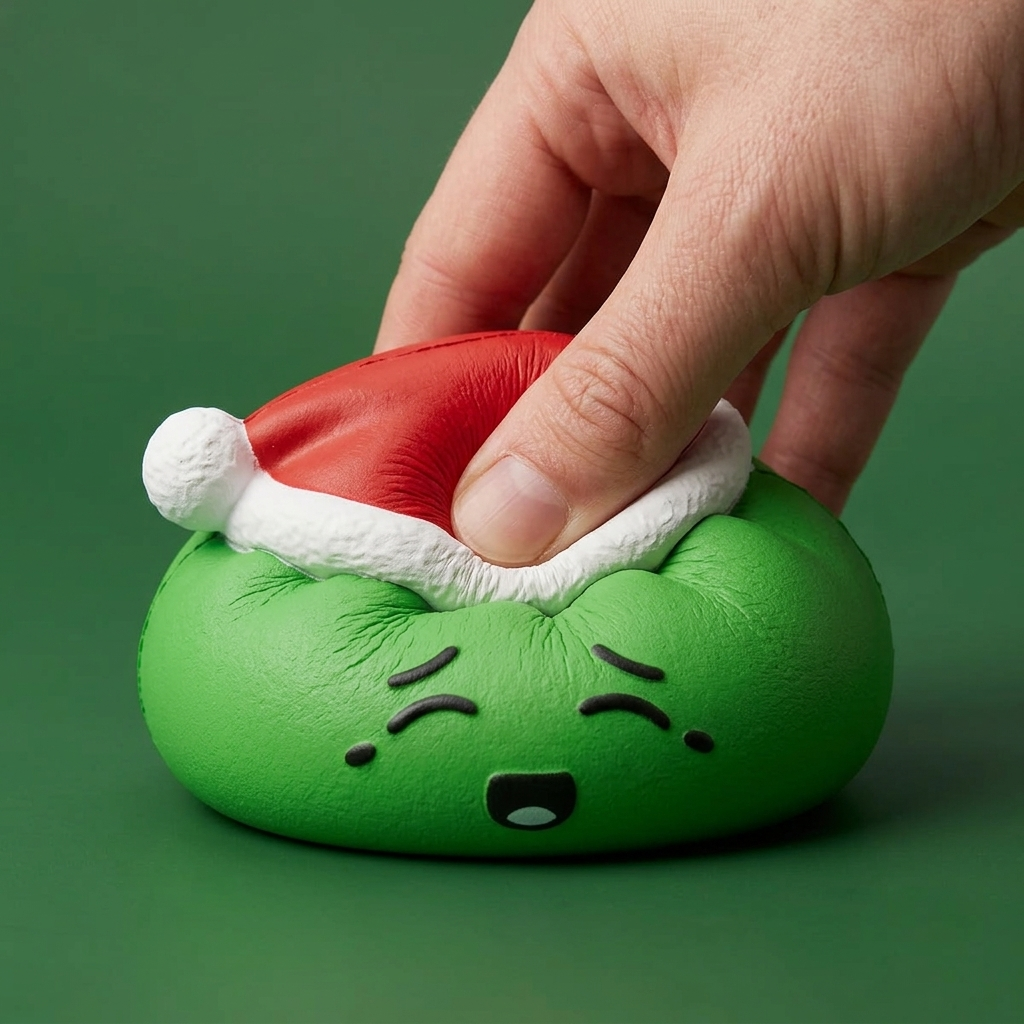 Dumpling Squishy Jultomtemössa Grön — slow-rise-effekt, skummet återtar långsamt sin form
