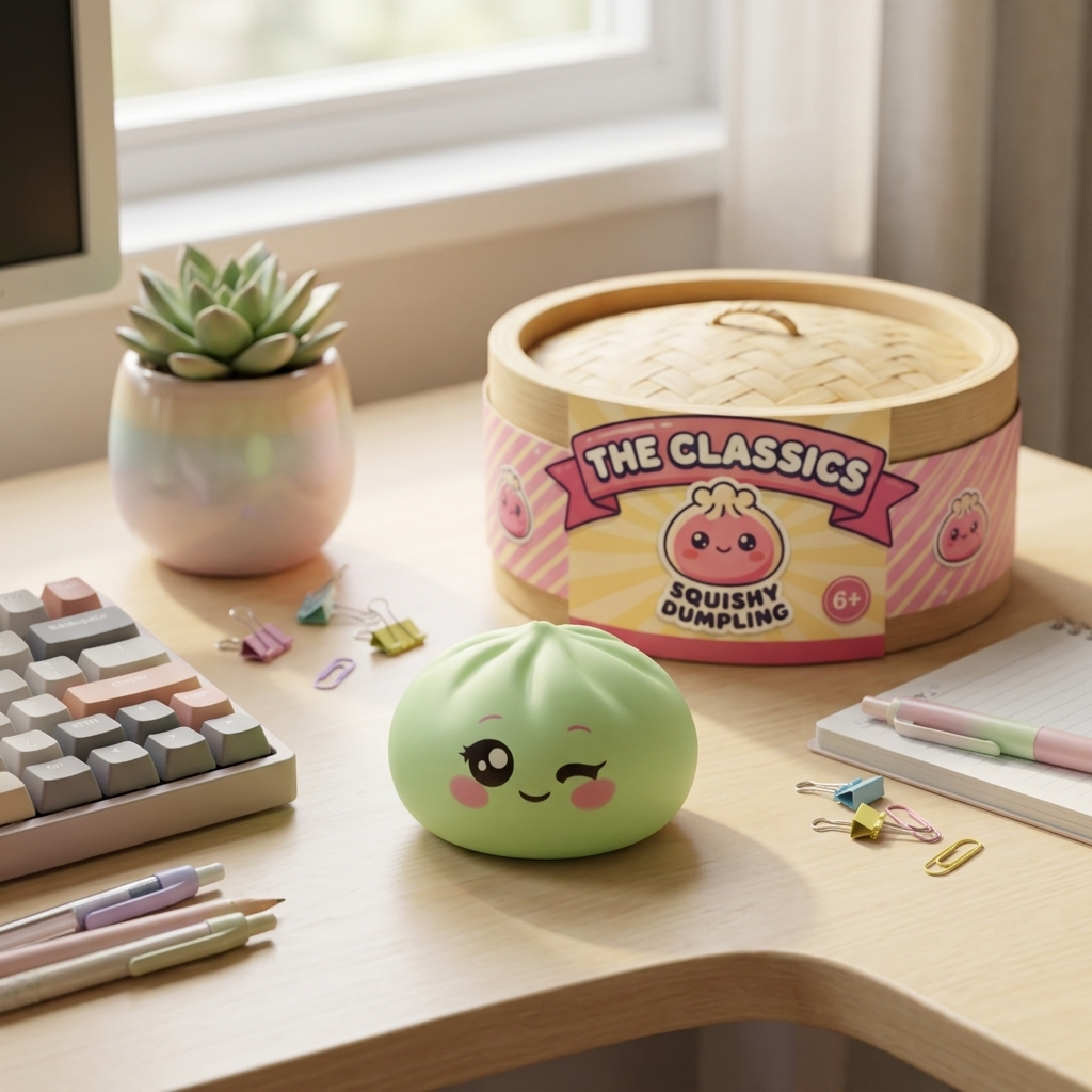 Dumpling Squishy Pistagegrön Blink i sin kawaii-miljö