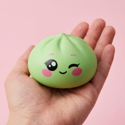 Dumpling Squishy Pistagegrön Blink i handen, verklig storlek