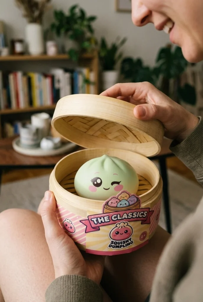 Dumpling Squishy Pistagegrön Blink i unboxing-ögonblicket