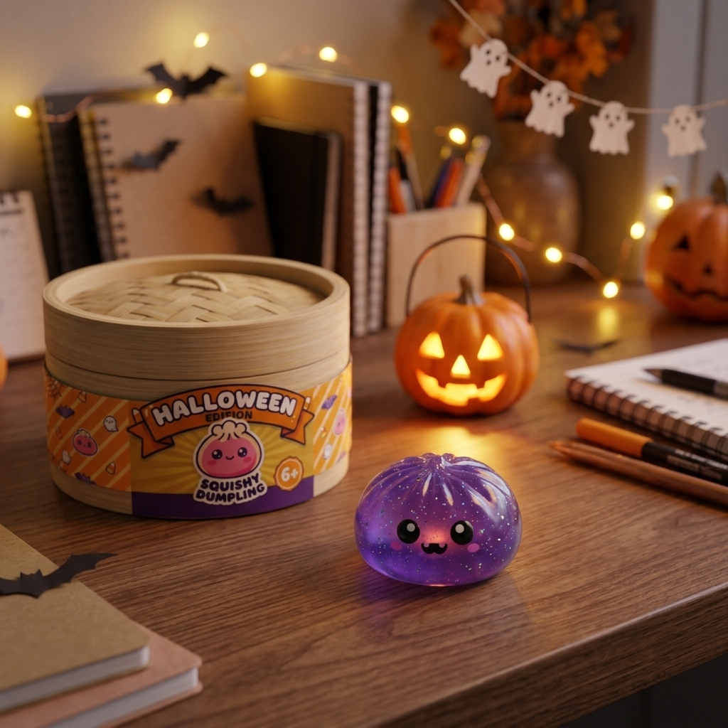 Squishy Dumpling Halloween XXL 8-pack i sin kawaii-miljö