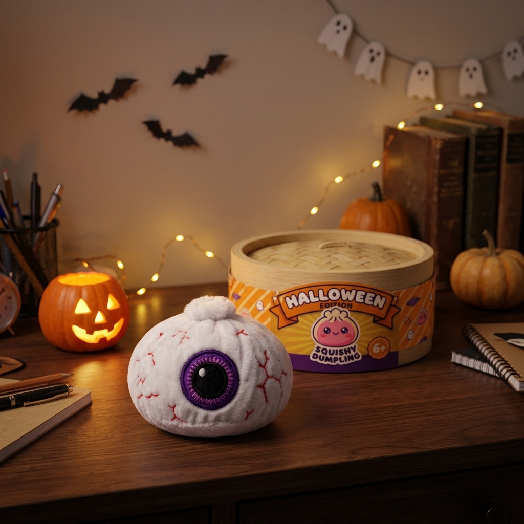 Dumpling Squishy Halloween Eye Plysch i sin kawaii-miljö